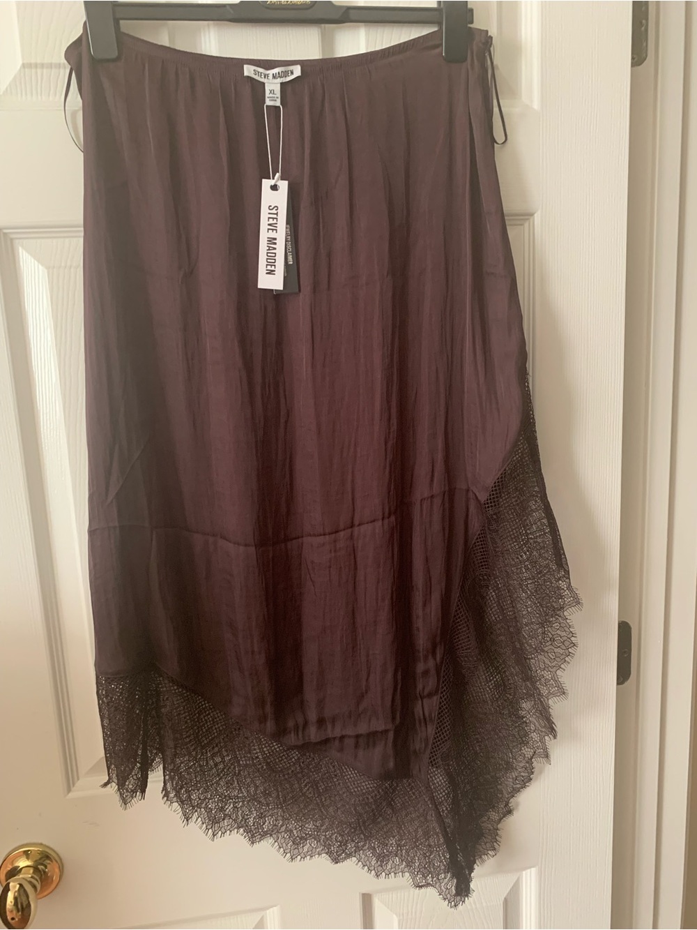 NWT Steve Madden Skirt: Chocolate Brown, Asymmetric Hem with Lace, Midi, XL